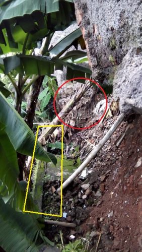 Bentang beton 8 meter bagian dari turap atas yang lepas dan amblas 3,5 meter (kotak kuning).