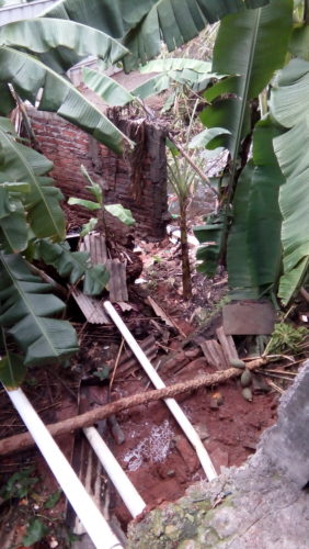 Tembok di atas turap atas yang sudah meregang dan tinggal menunggu runtuh ke kali